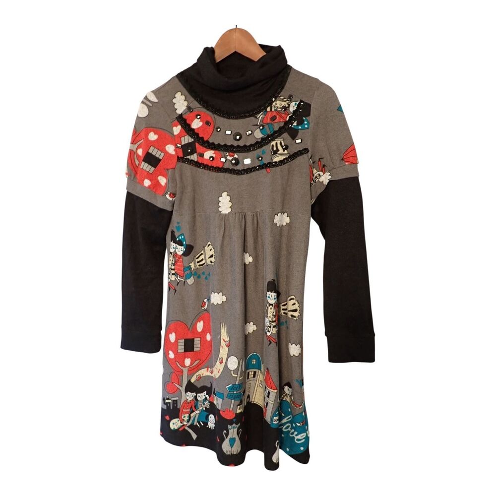 Funky People Dress M Sequin Beaded Graphic Print Turtleneck Layered Whimsy Goth